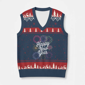 Happy New Year 2025 V-Neck Knit Sweater Vest Fireworks Party Supplies Family Matching TS02 Navy Red Print Your Wear