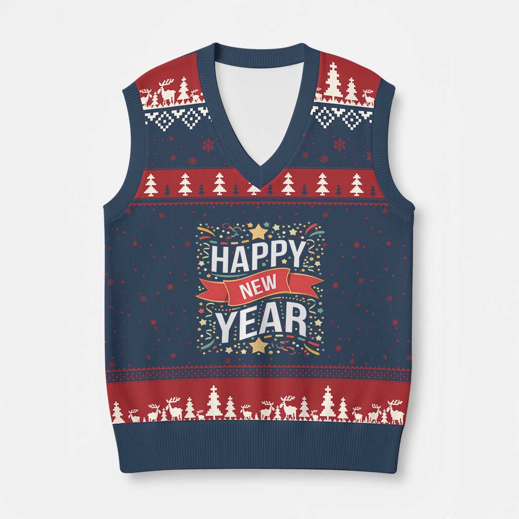 Happy New Year 2025 V-Neck Knit Sweater Vest Confetti Fireworks Party Supplies Family Matching TS02 Navy Red Print Your Wear