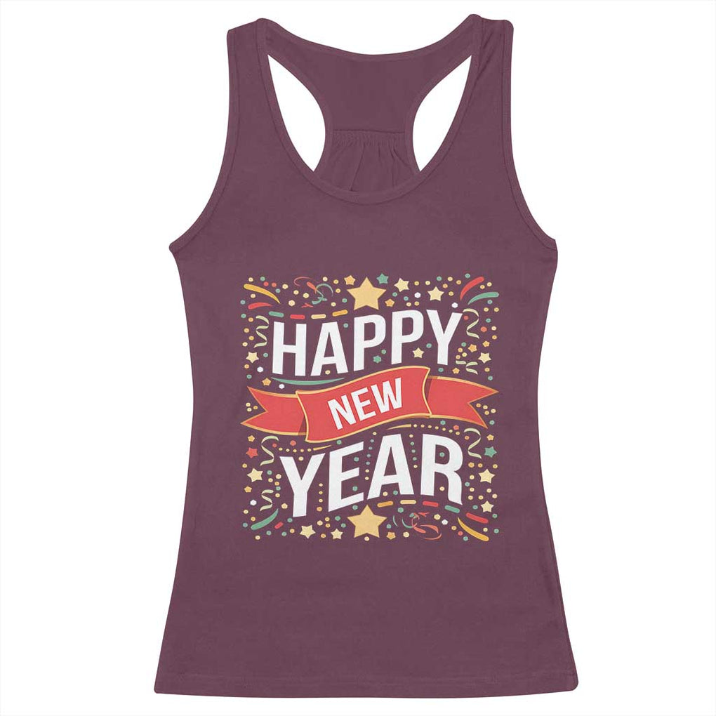 Happy New Year 2025 Racerback Tank Top Confetti Fireworks Party Supplies Family Matching TS02 Maroon Print Your Wear