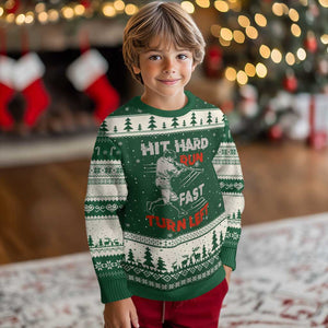 Baseball Lover Ugly Christmas Sweater Hit Hard Run Fast Turn Left Softball Fan TS02 Forest Green Beige Print Your Wear
