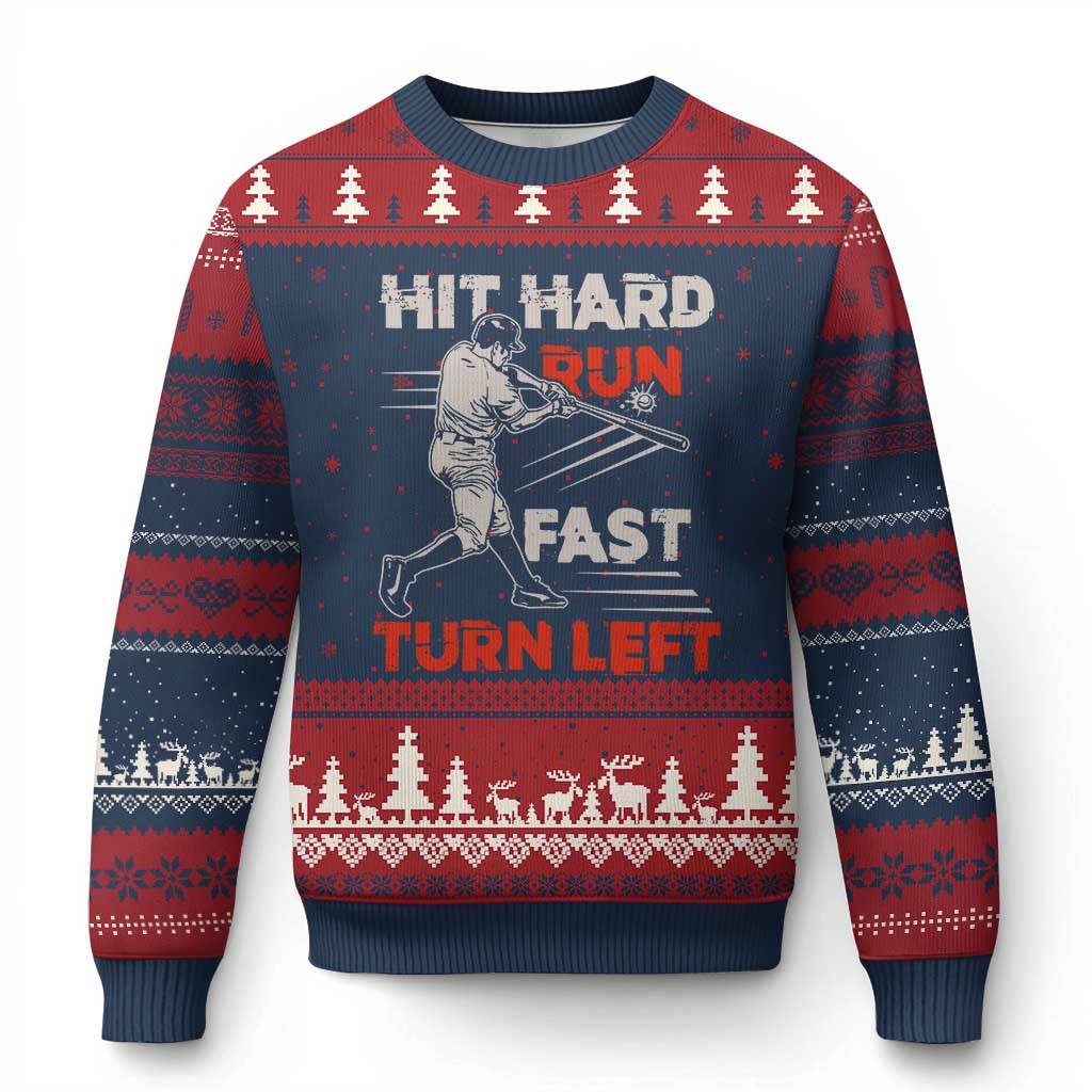 Baseball Lover Ugly Christmas Sweater Hit Hard Run Fast Turn Left Softball Fan TS02 Navy Red Print Your Wear