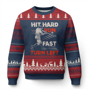 Baseball Lover Ugly Christmas Sweater Hit Hard Run Fast Turn Left Softball Fan TS02 Navy Red Print Your Wear