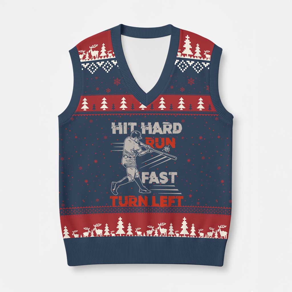 Baseball Lover V-Neck Knit Sweater Vest Hit Hard Run Fast Turn Left Softball Fan TS02 Navy Red Print Your Wear