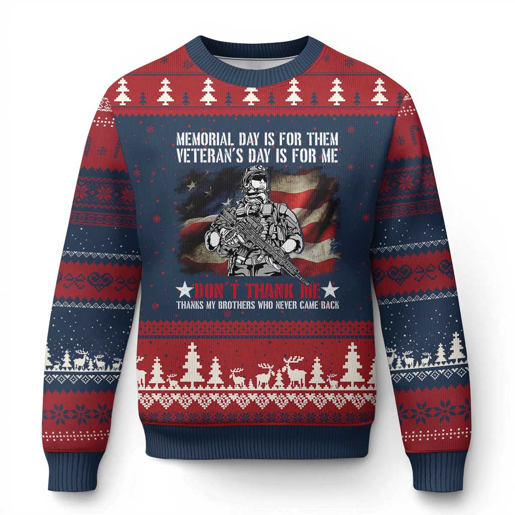 Patriotic Memorial Day Ugly Christmas Sweater Remember Our Heroes Veterans Brothers American Flag TS02 Navy Red Print Your Wear