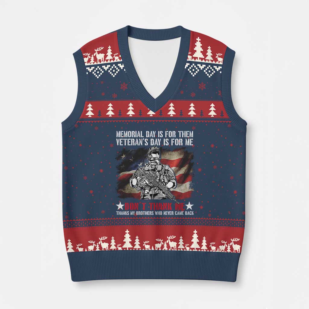 Patriotic Memorial Day V-Neck Knit Sweater Vest Remember Our Heroes Veterans Brothers American Flag TS02 Navy Red Print Your Wear