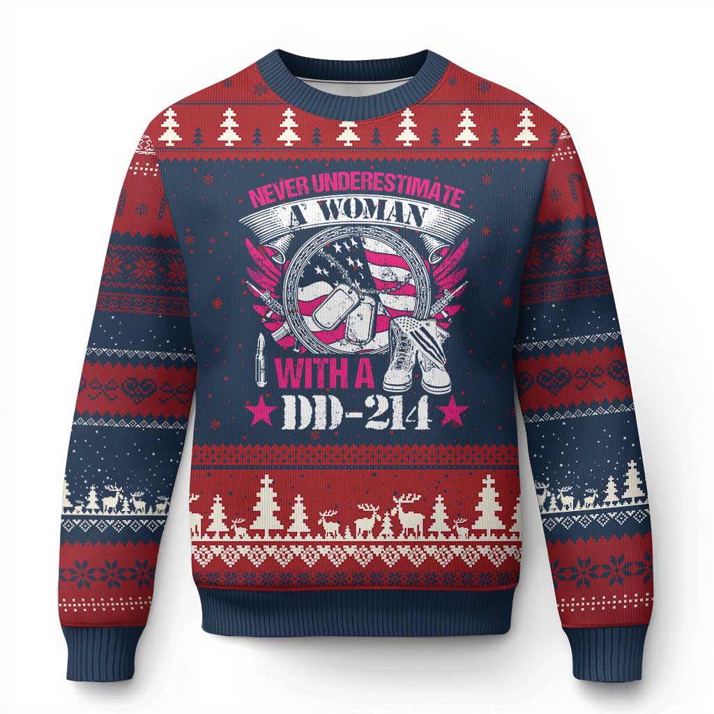 Female Veteran Ugly Christmas Sweater Never Underestimate A Woman With DD214 US Military TS02 Navy Red Print Your Wear