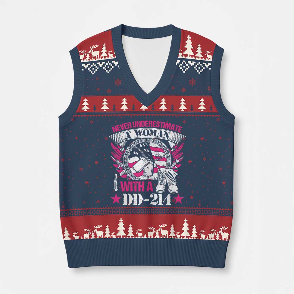Female Veteran V-Neck Knit Sweater Vest Never Underestimate A Woman With DD214 US Military TS02 Navy Red Print Your Wear