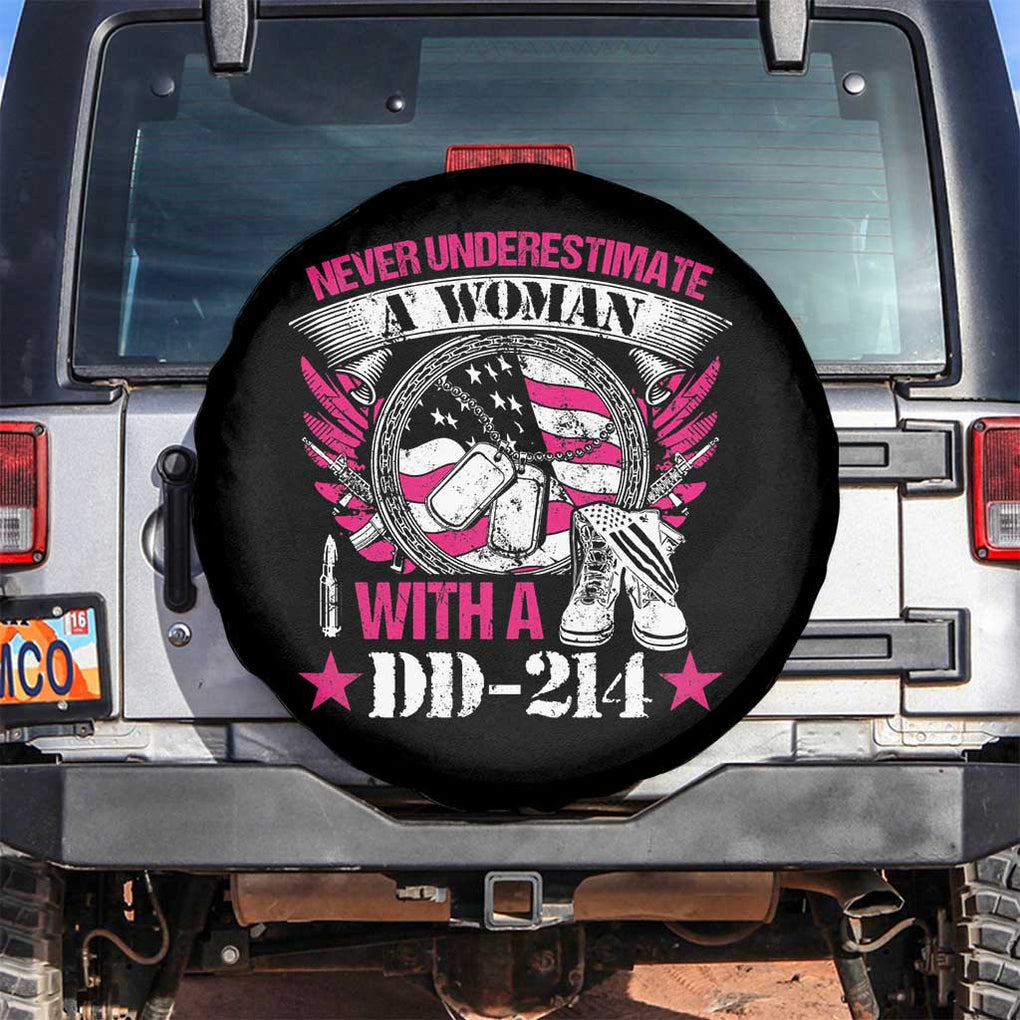Female Veteran Spare Tire Cover Never Underestimate A Woman With DD214 Pink American Flag TS02 No hole Black Print Your Wear