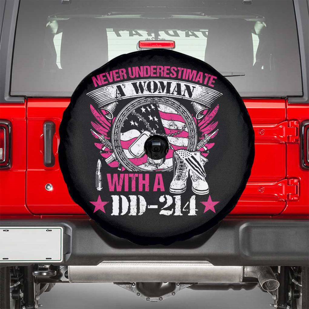 Female Veteran Spare Tire Cover Never Underestimate A Woman With DD214 Pink American Flag TS02 Black Print Your Wear