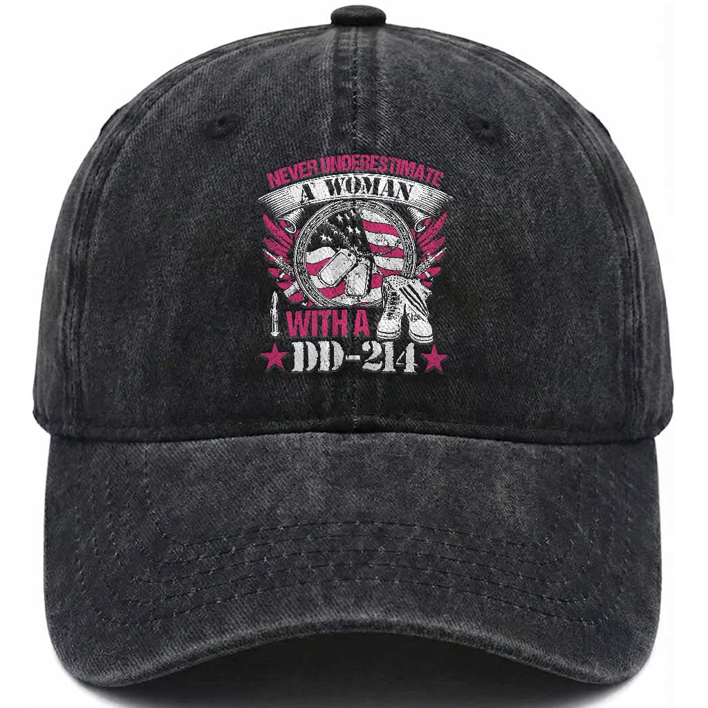 Female Veteran Washed Cotton Baseball Cap Never Underestimate A Woman With DD214 Women US Military TS02 Washed Cap Universal Fit Black Print Your Wear