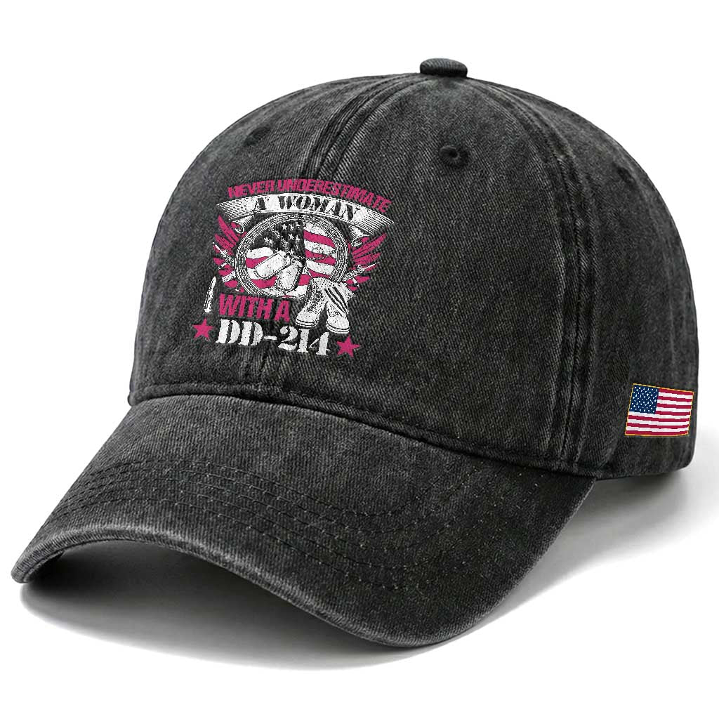 Female Veteran Washed Cotton Baseball Cap Never Underestimate A Woman With DD214 Women US Military TS02 Print Your Wear
