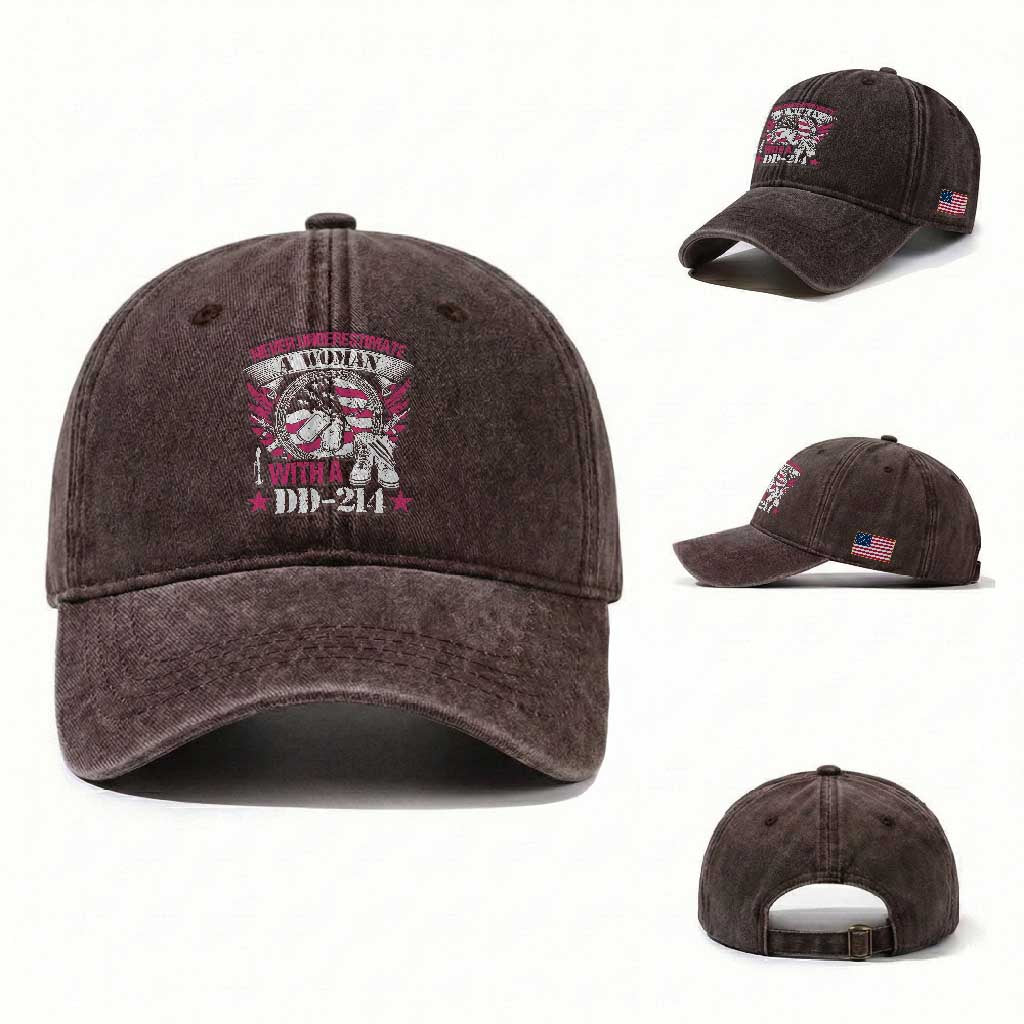 Female Veteran Washed Cotton Baseball Cap Never Underestimate A Woman With DD214 Women US Military TS02 Washed Cap Universal Fit Dark Brown Print Your Wear