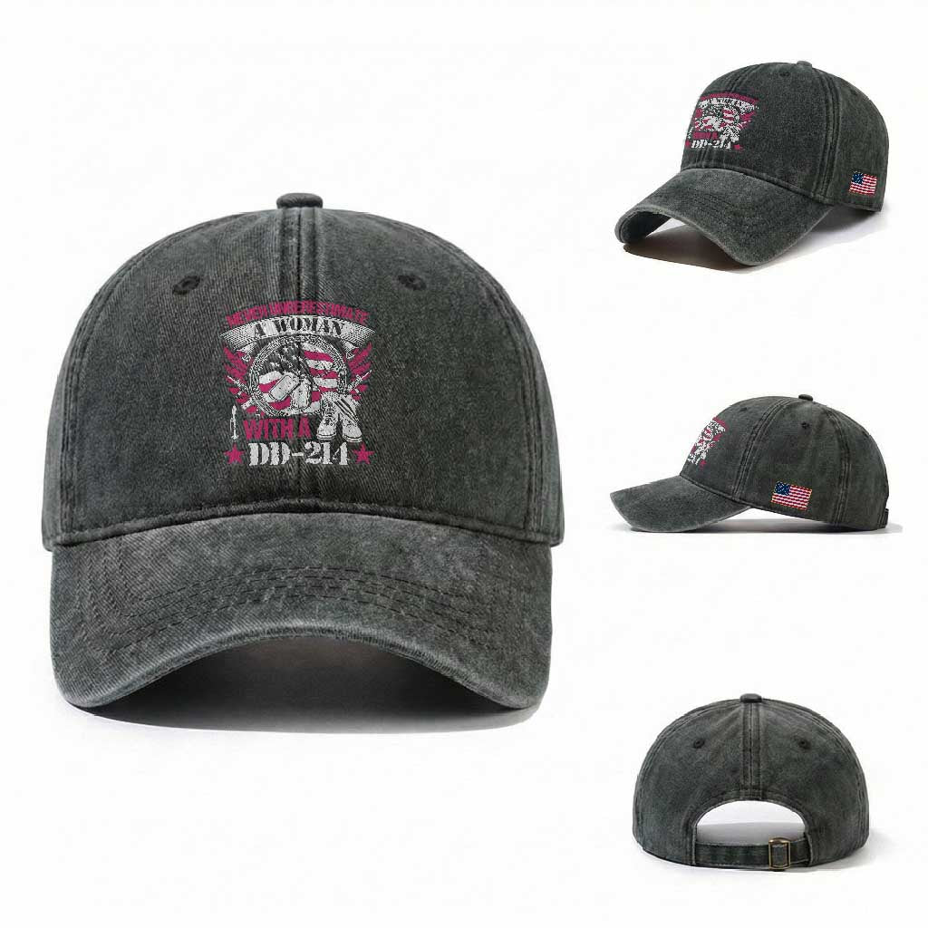 Female Veteran Washed Cotton Baseball Cap Never Underestimate A Woman With DD214 Women US Military TS02 Washed Cap Universal Fit Dark Green Print Your Wear