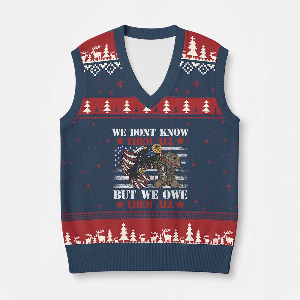 Patriotic Memorial Day V-Neck Knit Sweater Vest We Don't Know Them All But We Owe Them All TS02 Navy Red Print Your Wear