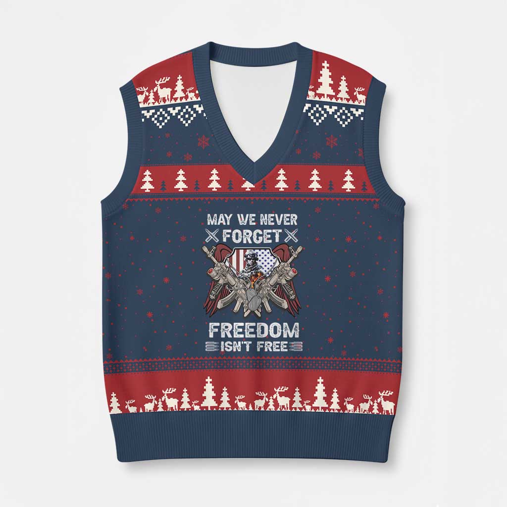 Patriotic Memorial Day V-Neck Knit Sweater Vest May We Never Forget Freedom Is Not Free TS02 Navy Red Print Your Wear