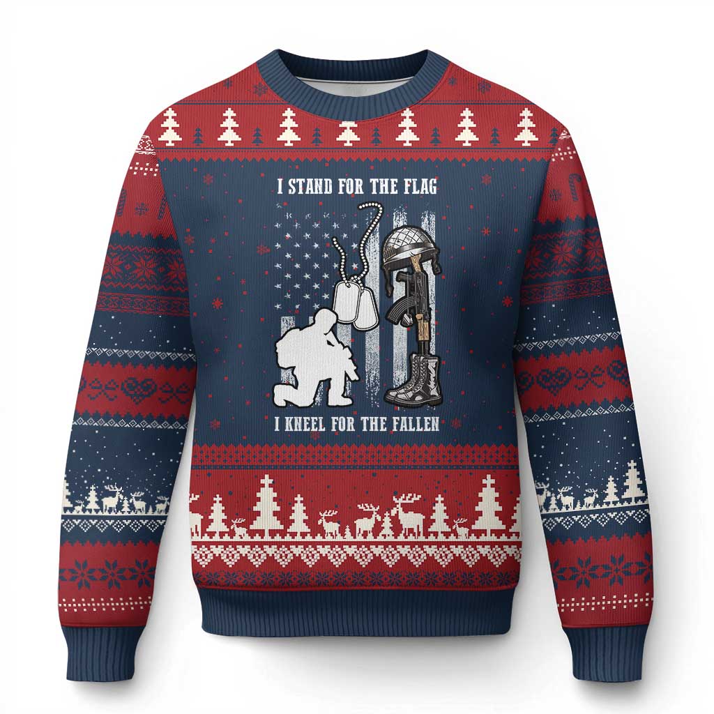 Patriotic Memorial Day Ugly Christmas Sweater We Stand For the Flag We Kneel For The Fallen US Patriots TS02 Navy Red Print Your Wear