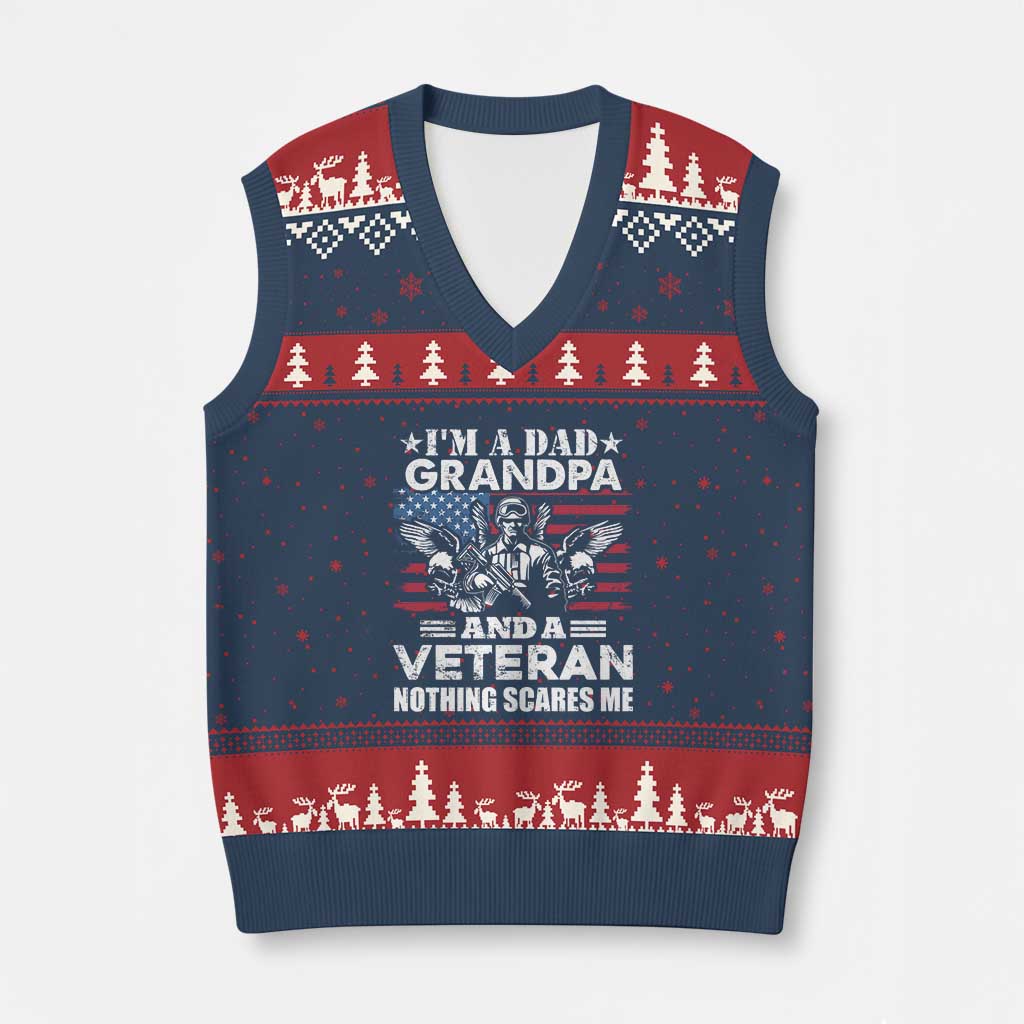 Im a Dad Grandpa and Veteran V-Neck Knit Sweater Vest Fearless Patriotic Military Family TS02 Navy Red Print Your Wear