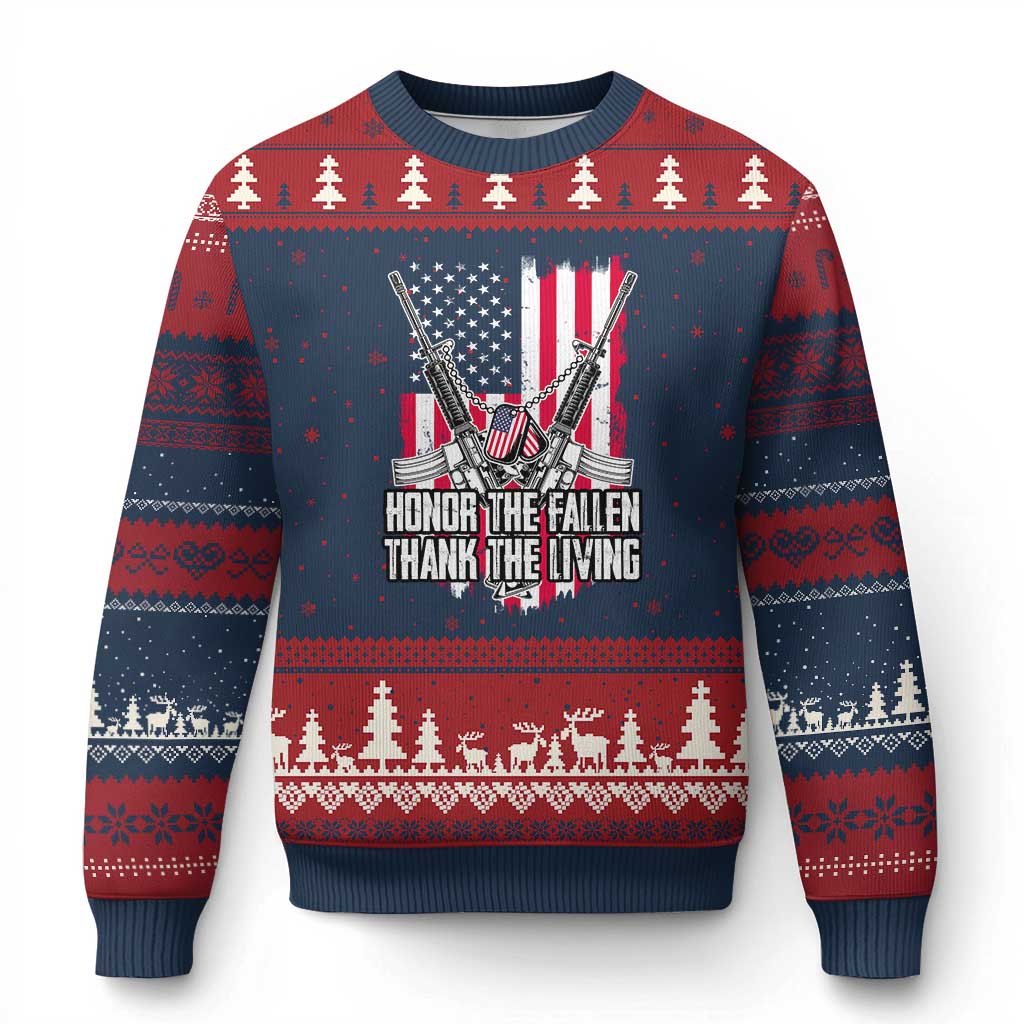 Patriotic Memorial Day Ugly Christmas Sweater Honor The Fallen Thank The Living Memorial Day Veterans Day TS02 Navy Red Print Your Wear