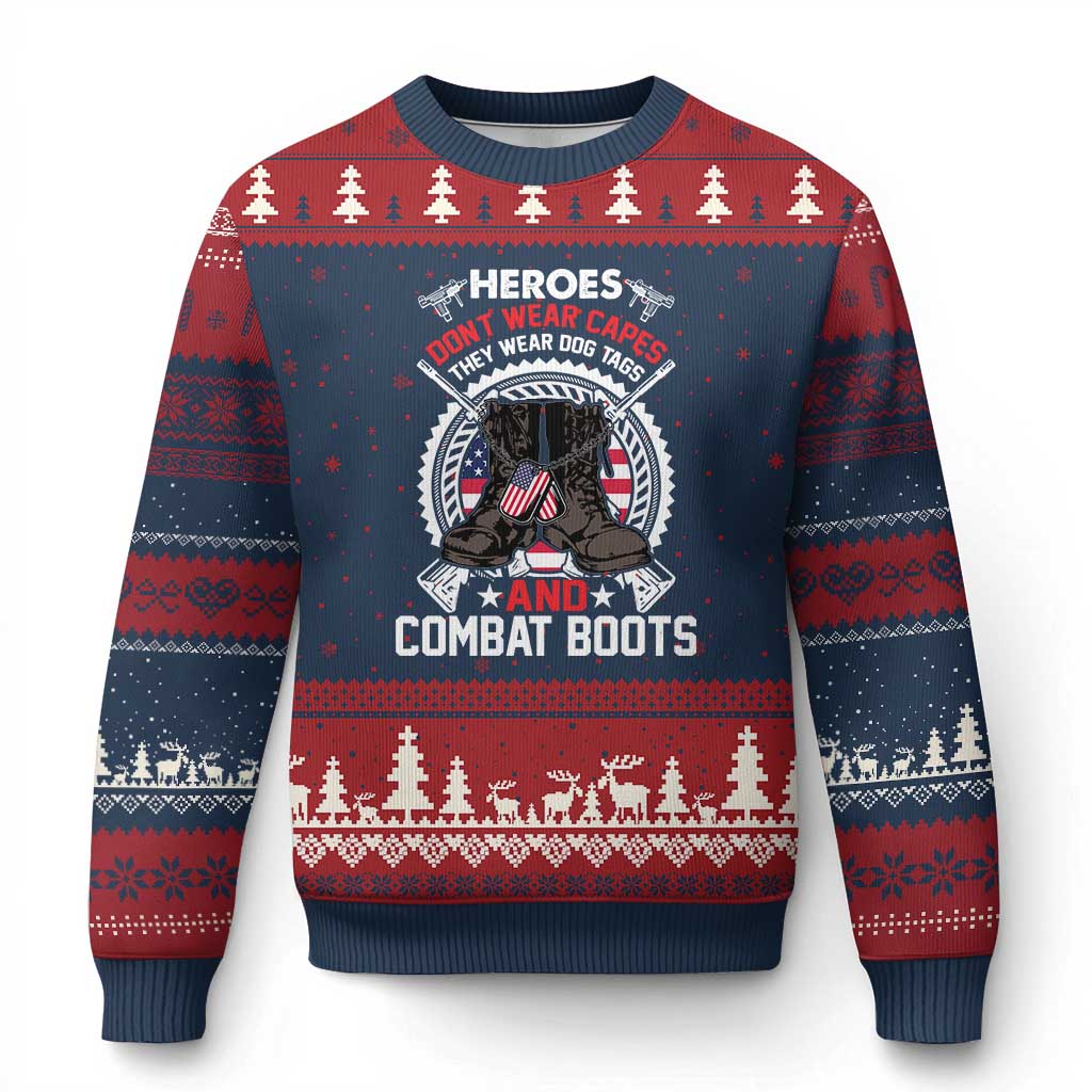 Patriotic Military Veteran Ugly Christmas Sweater Heroes Don't Wear Capes They Wear Dog Tags And Combat Boots TS02 Navy Red Print Your Wear