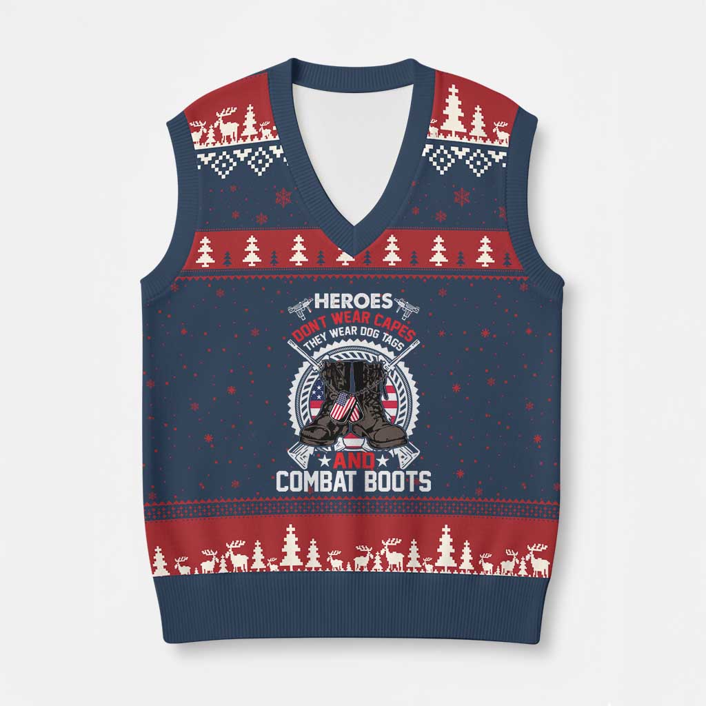 Patriotic Military Veteran V-Neck Knit Sweater Vest Heroes Don't Wear Capes They Wear Dog Tags And Combat Boots TS02 Navy Red Print Your Wear