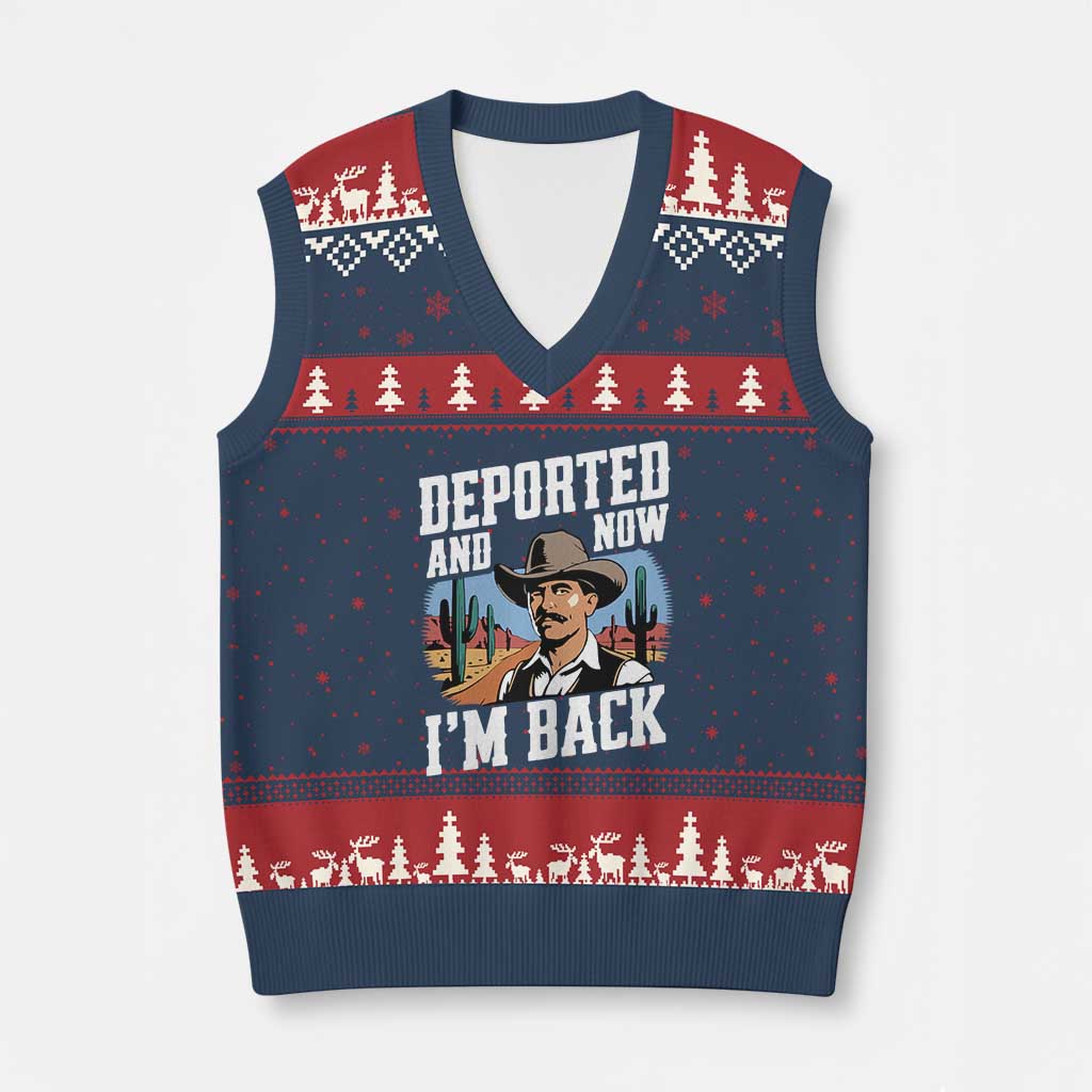 Funny Mexican Cowboy V-Neck Knit Sweater Vest Now I'm Back Retro Vintage Desert TS02 Navy Red Print Your Wear