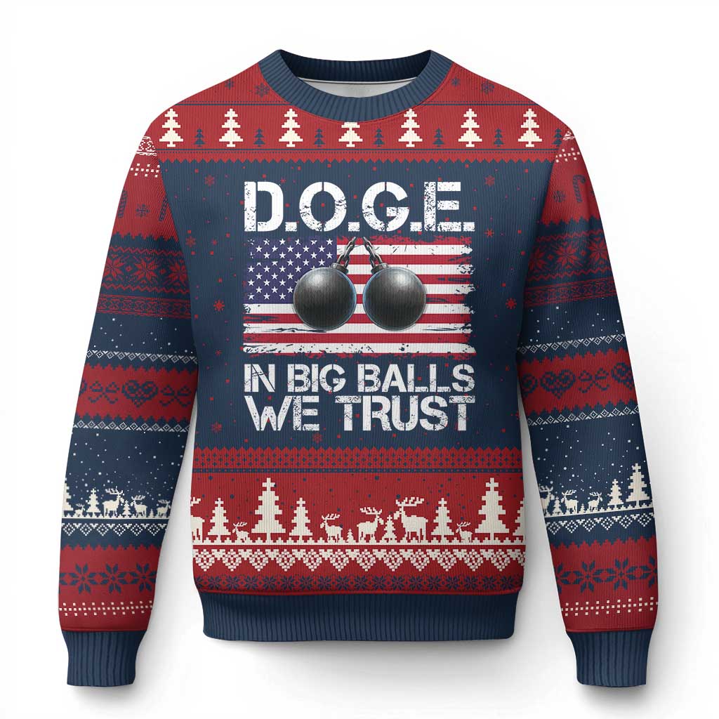 Funny D.O.G.E Patriotic 2025 Ugly Christmas Sweater In Big Balls We Trust American Flag TS02 Navy Red Print Your Wear