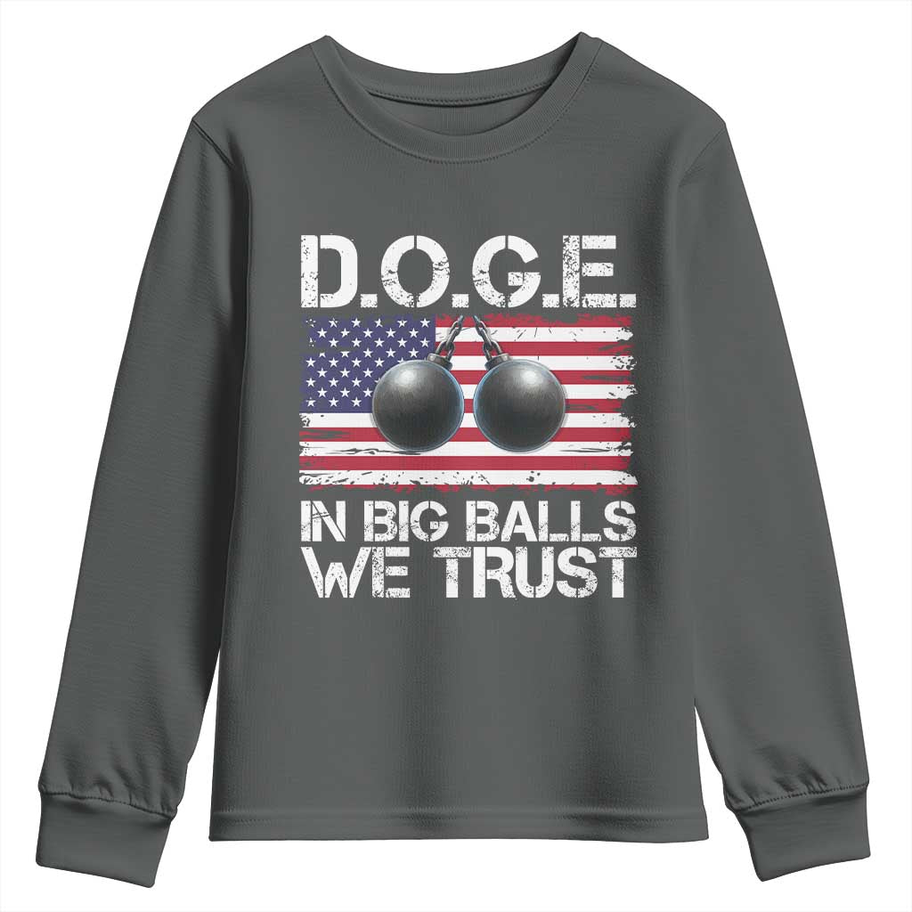 Funny D.O.G.E Patriotic 2025 Youth Sweatshirt In Big Balls We Trust American Flag TS02 Dark Heather Print Your Wear