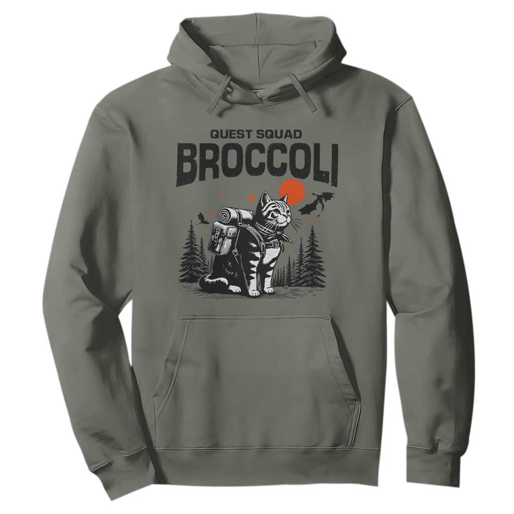Quest Squad Broccoli Cat Hoodie Funny Hiking Adventure Cute Camping Feline TS02 Military Green Print Your Wear