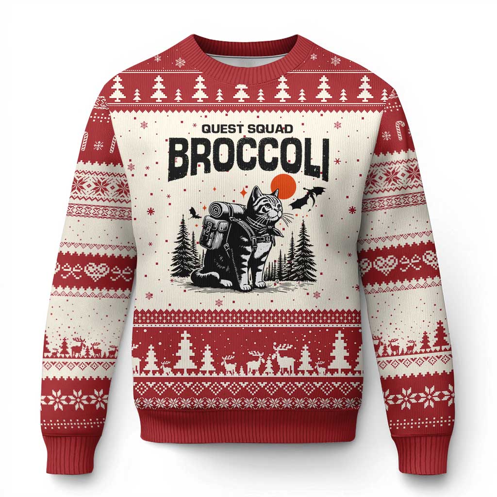 Quest Squad Broccoli Cat Ugly Christmas Sweater Funny Hiking Adventure Cute Camping Feline TS02 Beige Red Print Your Wear