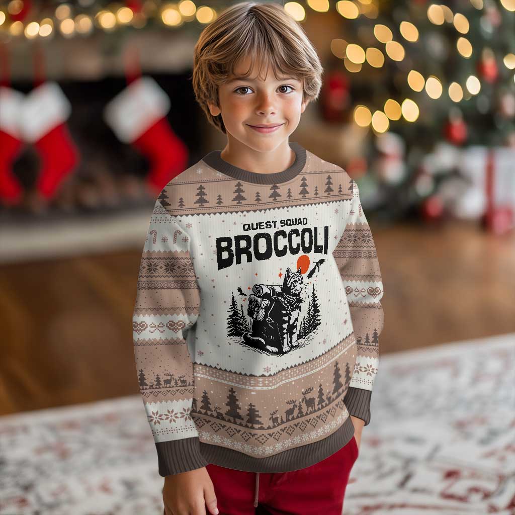 Quest Squad Broccoli Cat Ugly Christmas Sweater Funny Hiking Adventure Cute Camping Feline TS02 Mocha Mousse Print Your Wear