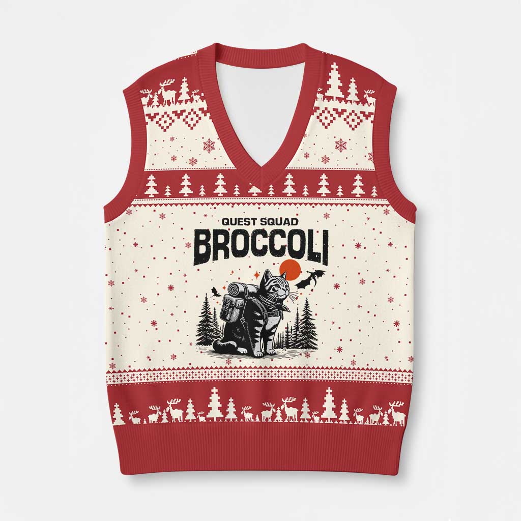 Quest Squad Broccoli Cat V-Neck Knit Sweater Vest Funny Hiking Adventure Cute Camping Feline TS02 Beige Red Print Your Wear