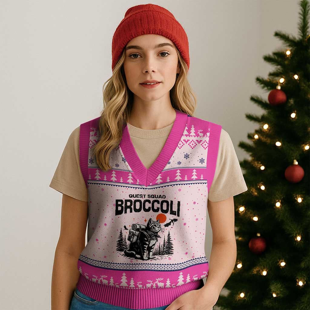Quest Squad Broccoli Cat V-Neck Knit Sweater Vest Funny Hiking Adventure Cute Camping Feline TS02 Hot Pink Print Your Wear