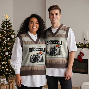 Quest Squad Broccoli Cat V-Neck Knit Sweater Vest Funny Hiking Adventure Cute Camping Feline TS02 Mocha Mousse Print Your Wear