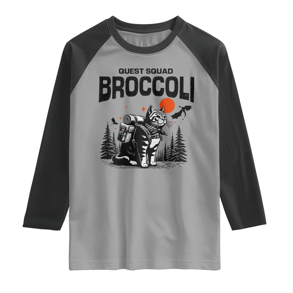 Quest Squad Broccoli Cat Raglan Shirt Funny Hiking Adventure Cute Camping Feline TS02 Sport Gray Black Print Your Wear