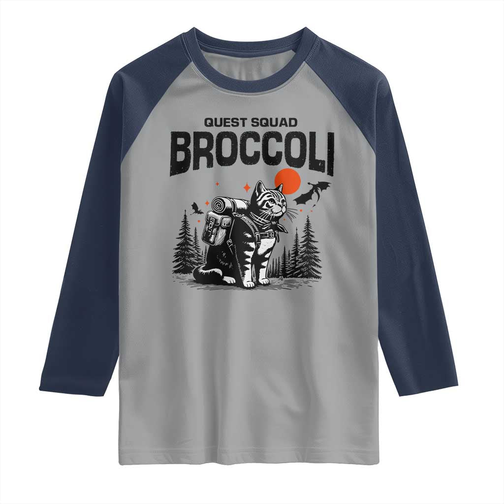 Quest Squad Broccoli Cat Raglan Shirt Funny Hiking Adventure Cute Camping Feline TS02 Sport Gray Navy Print Your Wear