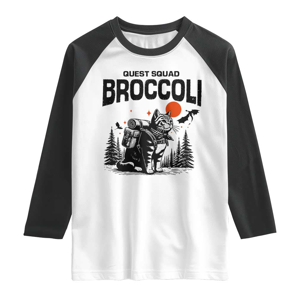 Quest Squad Broccoli Cat Raglan Shirt Funny Hiking Adventure Cute Camping Feline TS02 White Black Print Your Wear