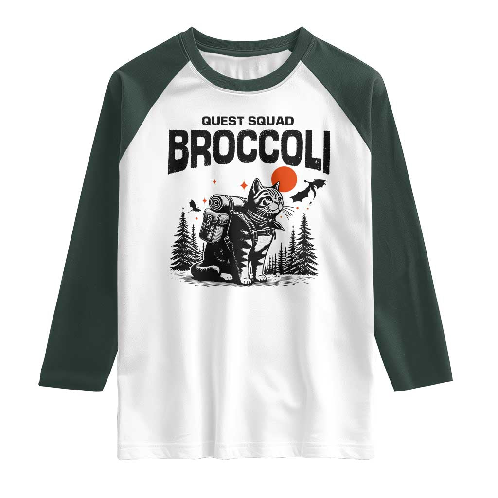 Quest Squad Broccoli Cat Raglan Shirt Funny Hiking Adventure Cute Camping Feline TS02 White Dark Forest Green Print Your Wear