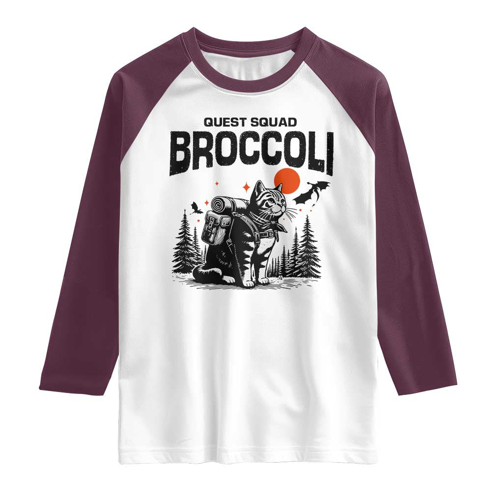 Quest Squad Broccoli Cat Raglan Shirt Funny Hiking Adventure Cute Camping Feline TS02 White Maroon Print Your Wear