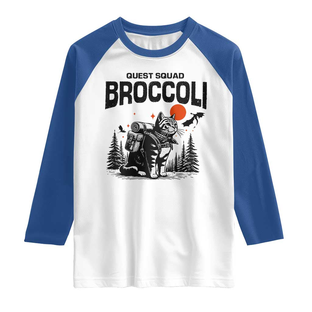 Quest Squad Broccoli Cat Raglan Shirt Funny Hiking Adventure Cute Camping Feline TS02 White Royal Print Your Wear