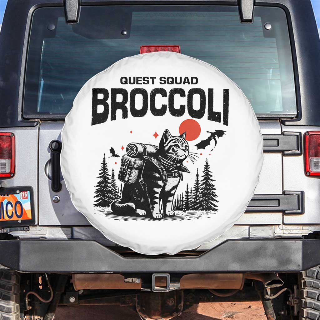 Quest Squad Broccoli Cat Spare Tire Cover Funny Hiking Adventure Cute Camping Feline TS02 No hole White Print Your Wear