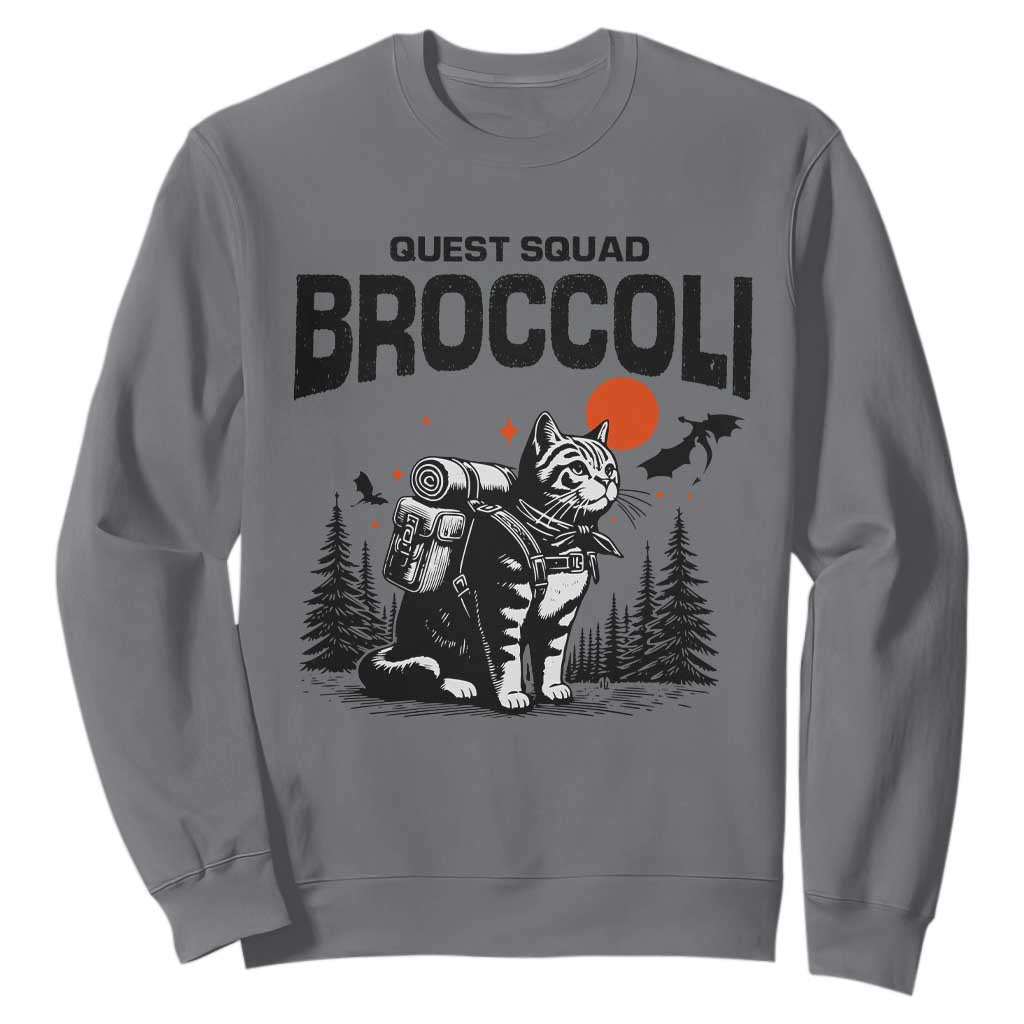 Quest Squad Broccoli Cat Sweatshirt Funny Hiking Adventure Cute Camping Feline TS02 Charcoal Print Your Wear