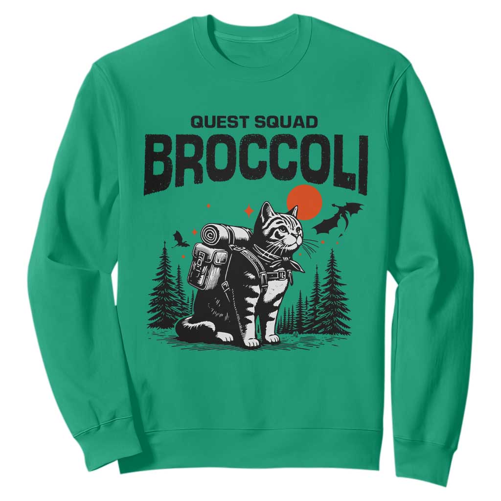 Quest Squad Broccoli Cat Sweatshirt Funny Hiking Adventure Cute Camping Feline TS02 Irish Green Print Your Wear