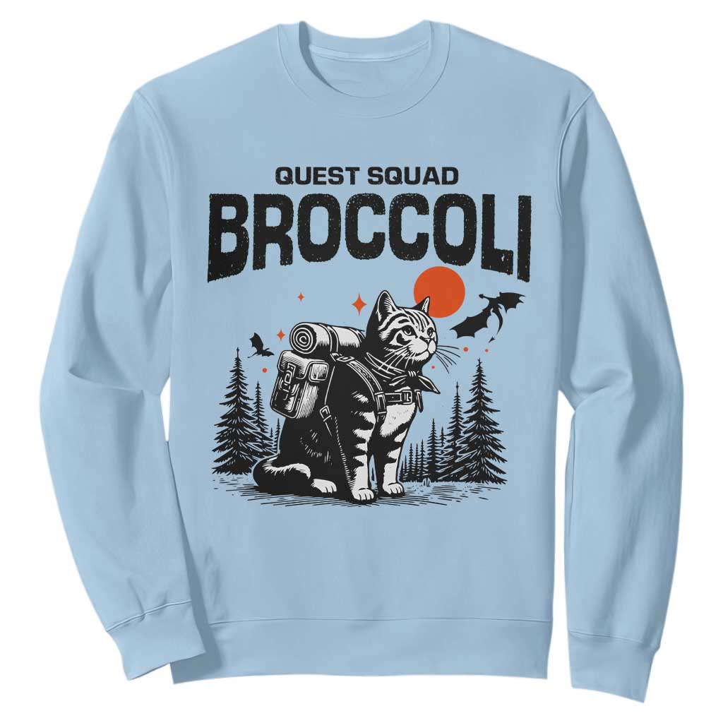 Quest Squad Broccoli Cat Sweatshirt Funny Hiking Adventure Cute Camping Feline TS02 Light Blue Print Your Wear