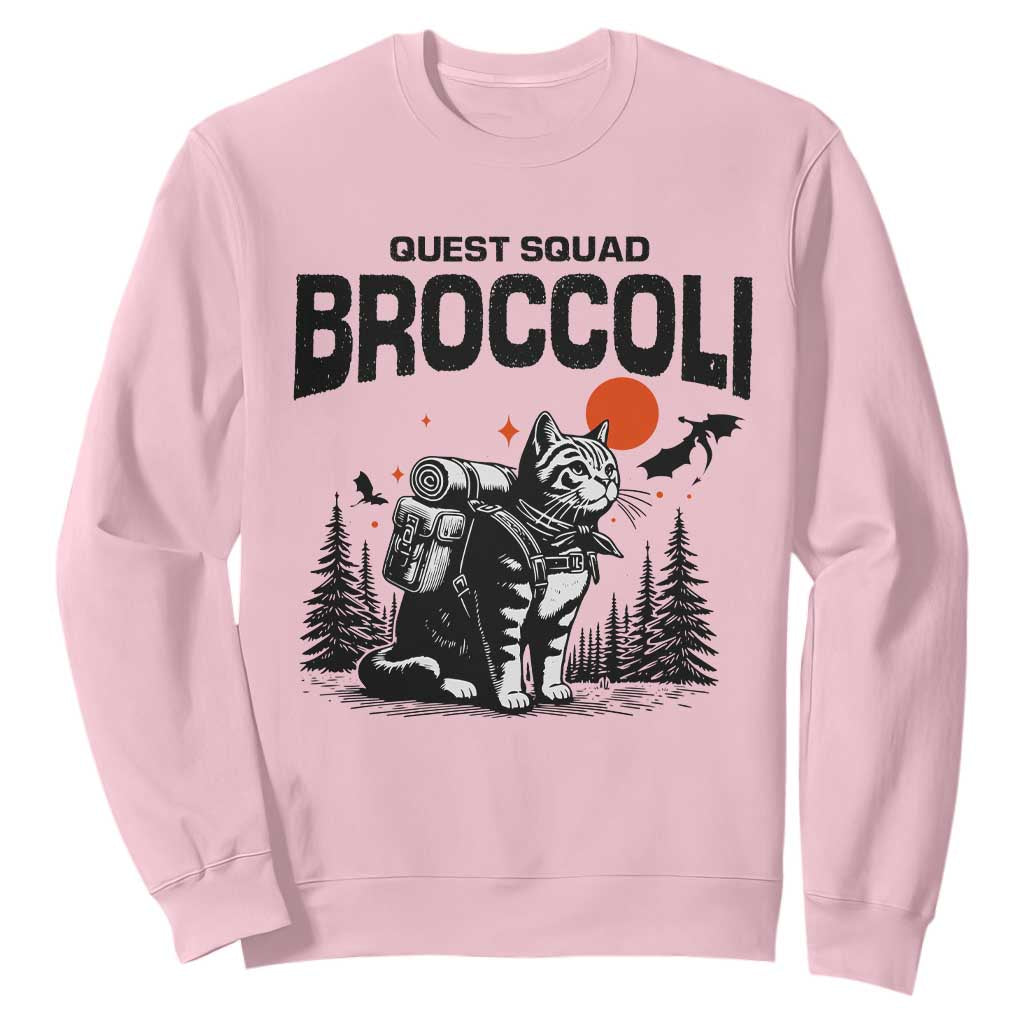 Quest Squad Broccoli Cat Sweatshirt Funny Hiking Adventure Cute Camping Feline TS02 Light Pink Print Your Wear