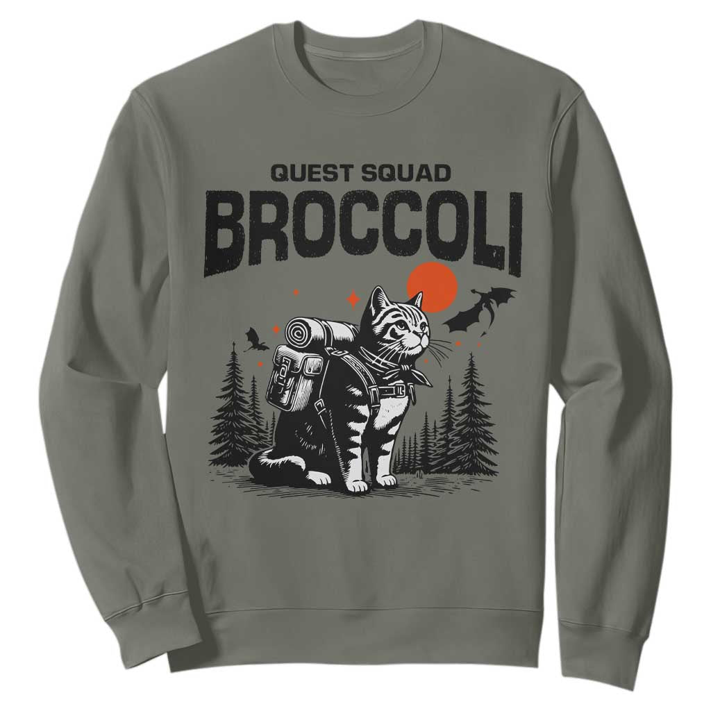 Quest Squad Broccoli Cat Sweatshirt Funny Hiking Adventure Cute Camping Feline TS02 Military Green Print Your Wear