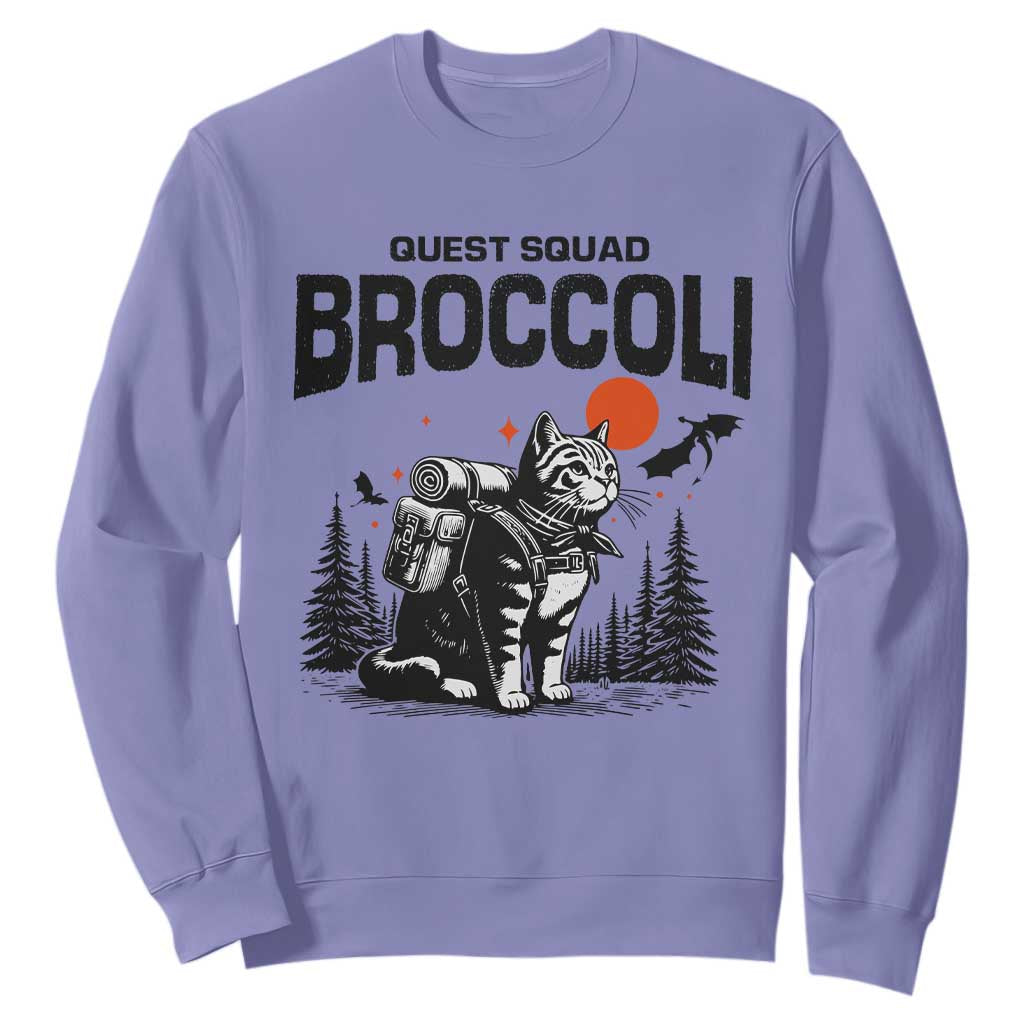 Quest Squad Broccoli Cat Sweatshirt Funny Hiking Adventure Cute Camping Feline TS02 Violet Print Your Wear