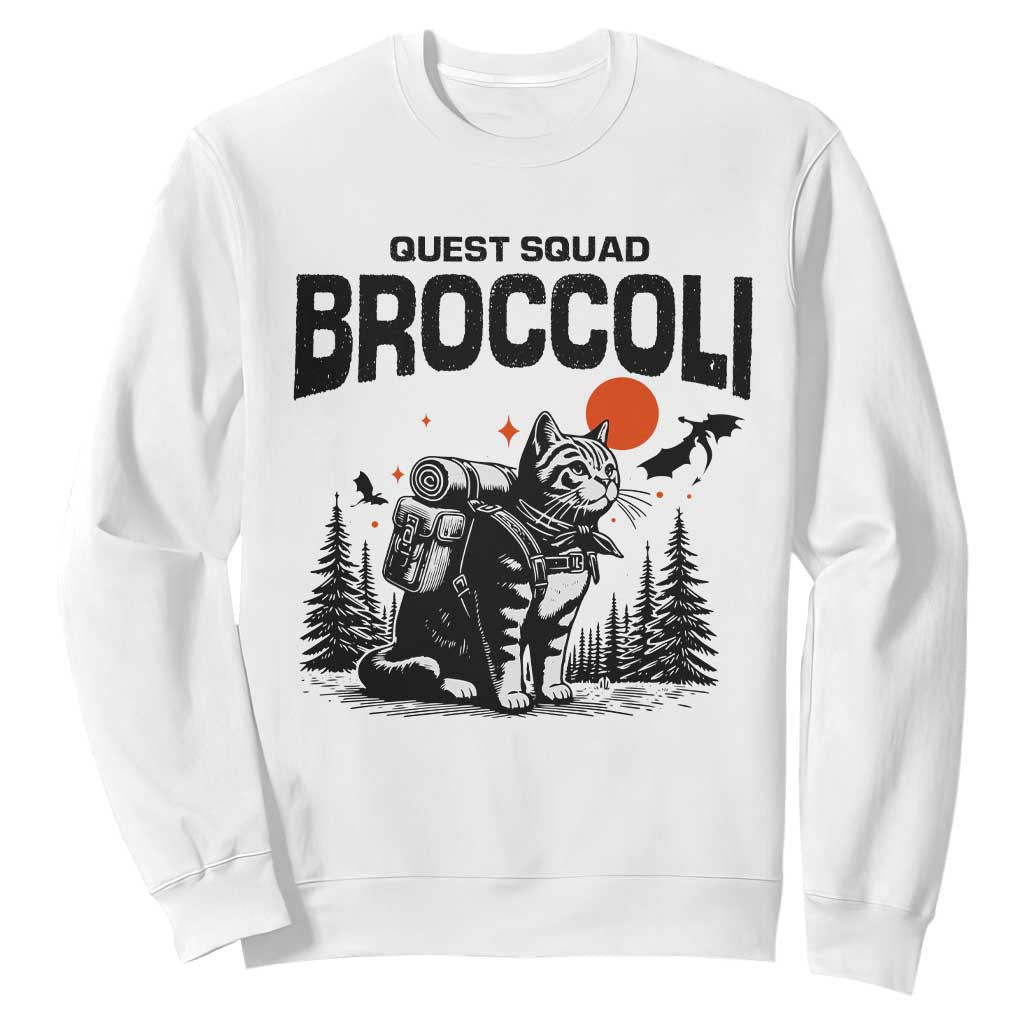 Quest Squad Broccoli Cat Sweatshirt Funny Hiking Adventure Cute Camping Feline TS02 White Print Your Wear