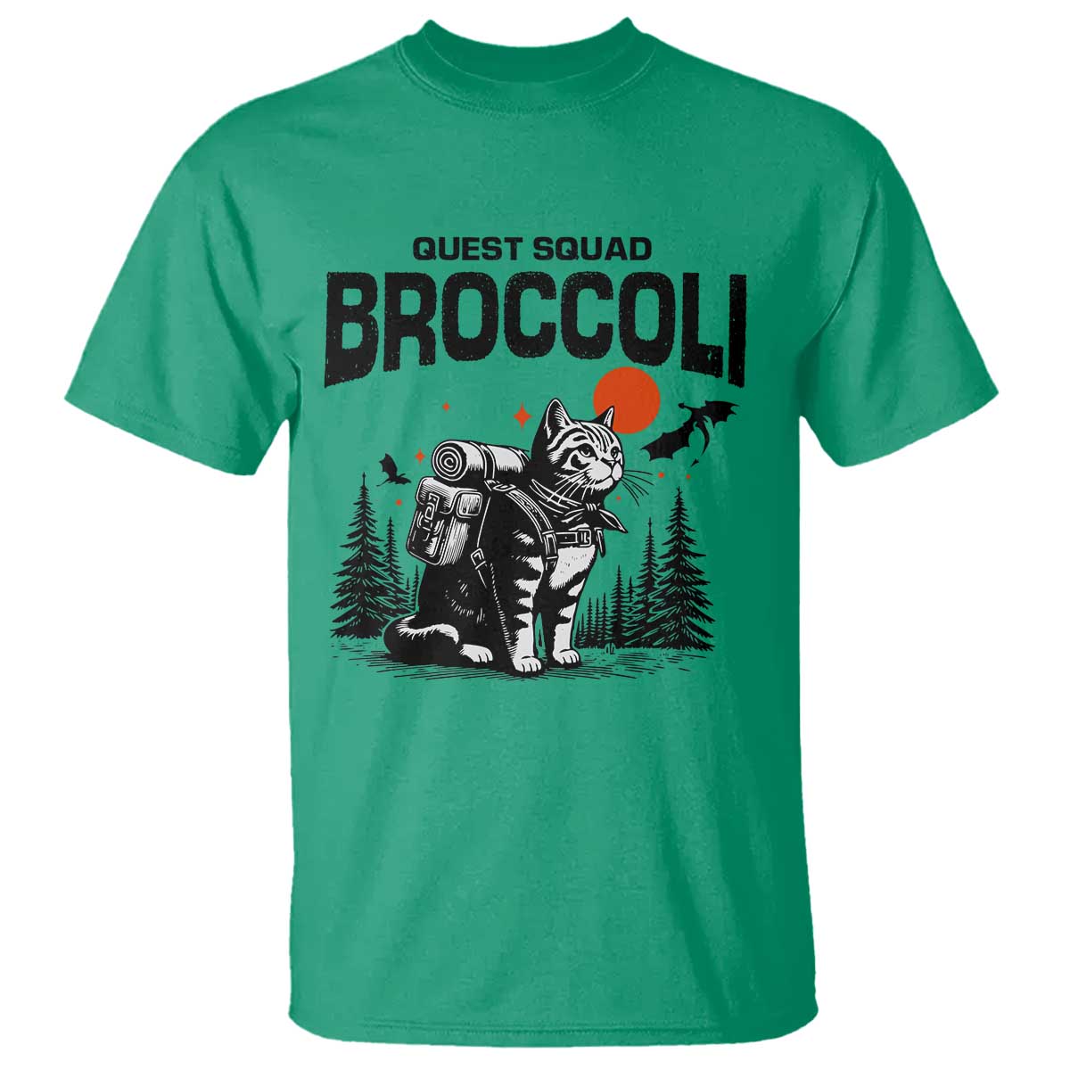 Quest Squad Broccoli Cat T Shirt Funny Hiking Adventure Cute Camping Feline TS02 Irish Green Print Your Wear