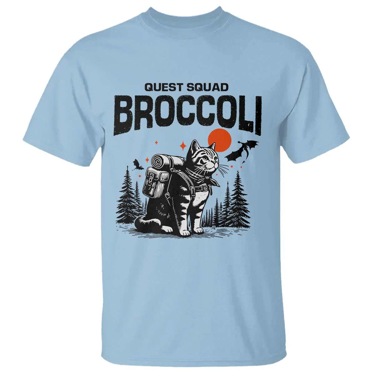 Quest Squad Broccoli Cat T Shirt Funny Hiking Adventure Cute Camping Feline TS02 Light Blue Print Your Wear