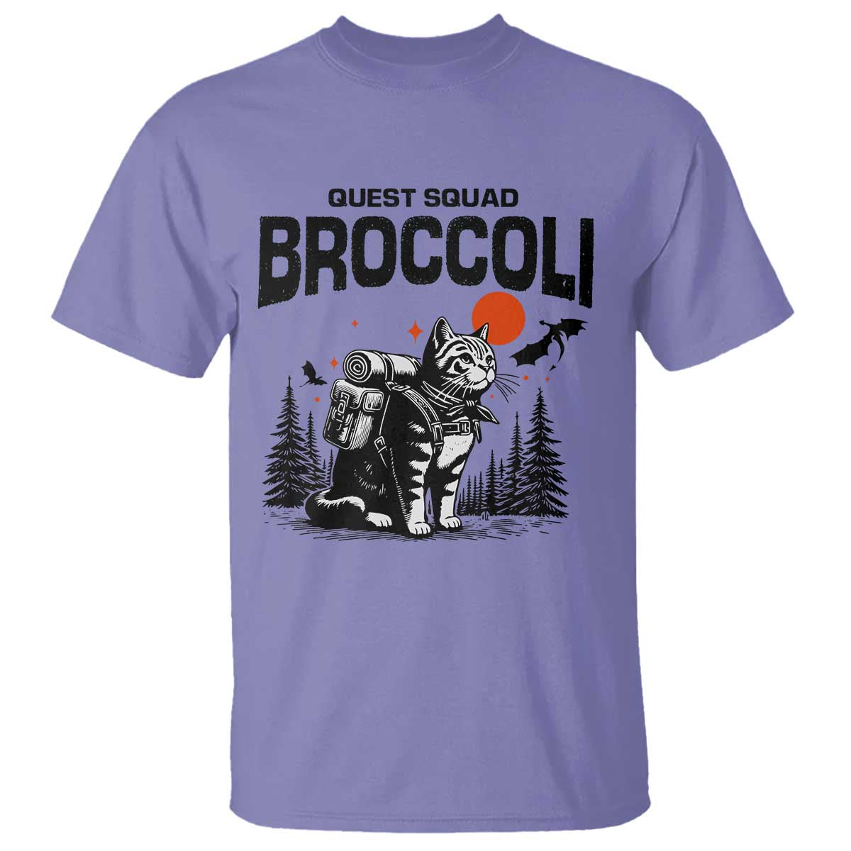 Quest Squad Broccoli Cat T Shirt Funny Hiking Adventure Cute Camping Feline TS02 Violet Print Your Wear